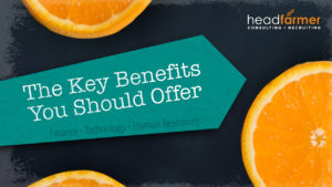 An online banner for Headfarmer Consulting & Recruiting features orange slices surrounding text reading "The Key Benefits You Should Offer"